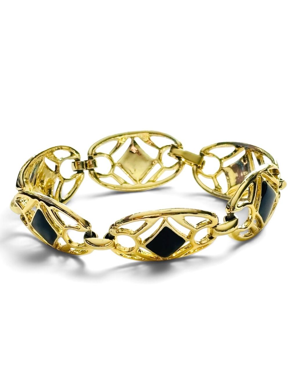 Vintage 1970s Gold Tone Black Enamel Art Deco Revival Openwork Link Bracelet